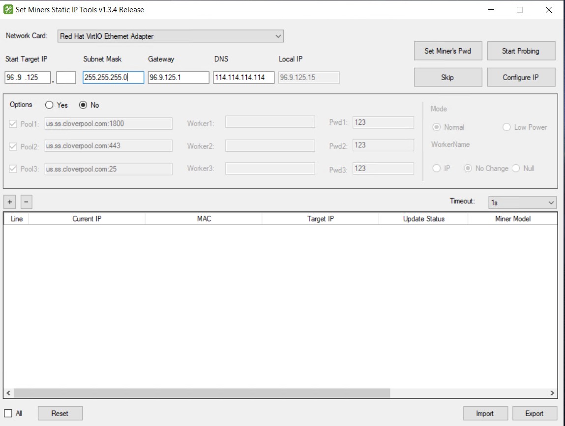 Miner IP Manager interface for configuring static IP addresses on ASIC miners