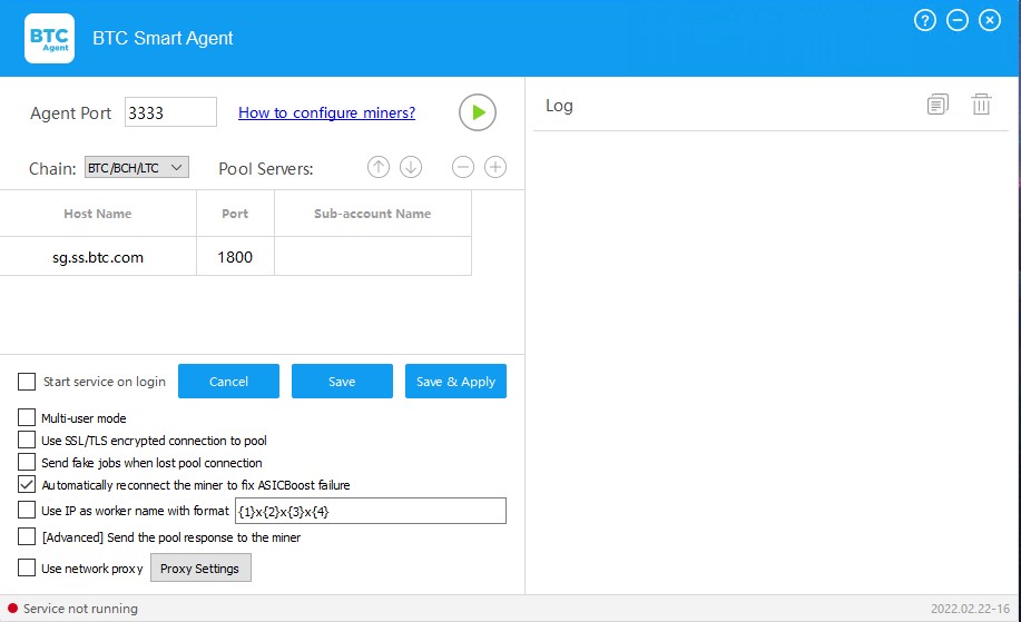 BTC Smart Agent Windows interface for ASIC miner monitoring and pool configuration