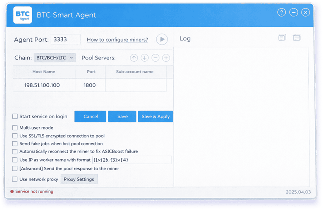 BTC Smart Agent software interface for monitoring ASIC miners in a local network.
