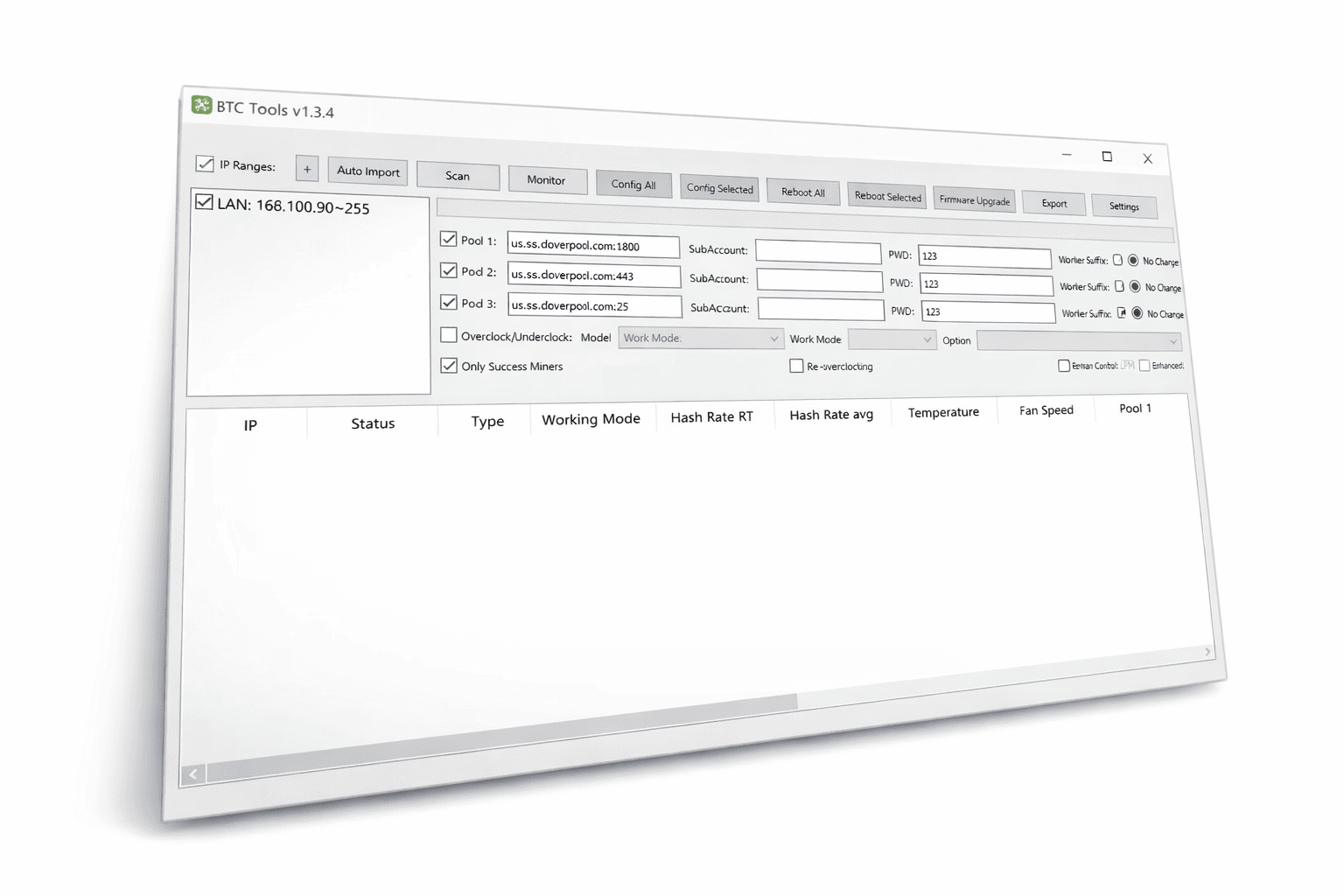 BTC Tools interface for managing and monitoring ASIC miners on a local network