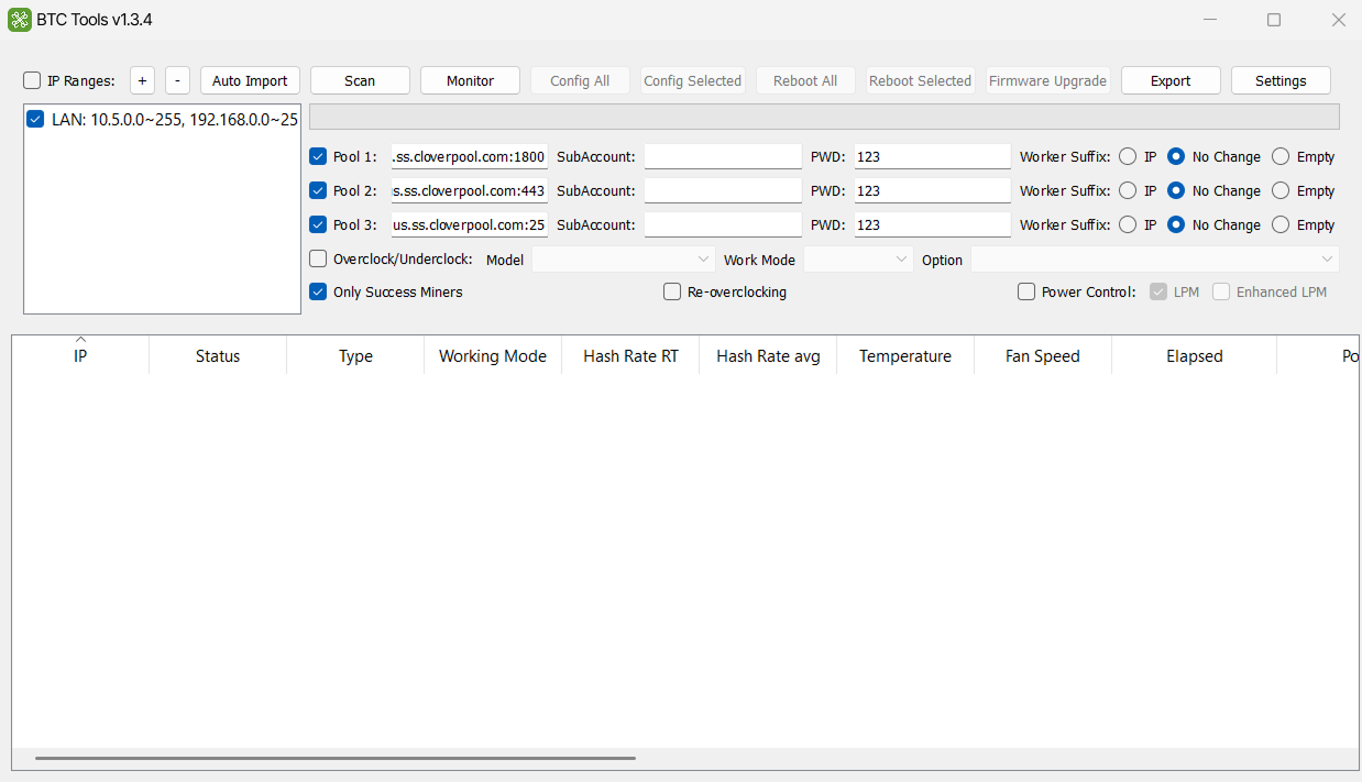 BTC Tools v1.3.4 interface with IP ranges, pool settings and the miner table