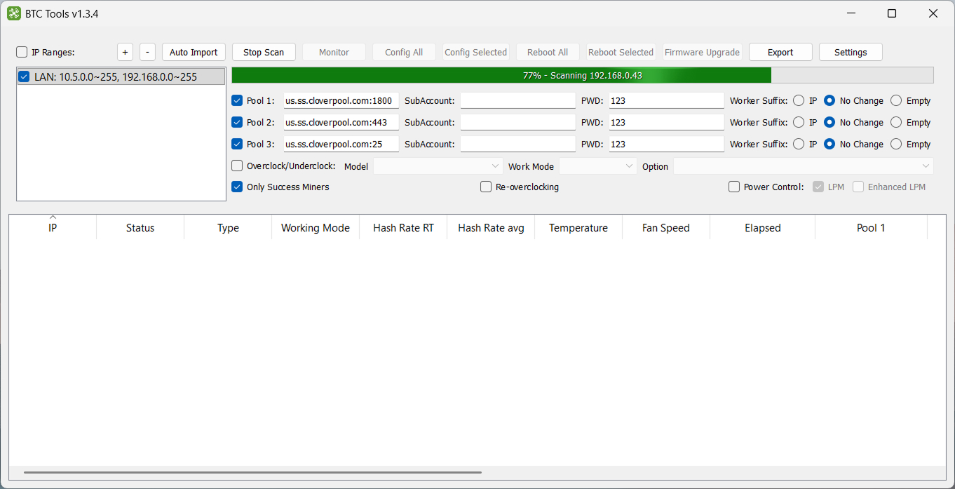 BTC Tools v1.3.4 scanning a local network for ASIC miners, with IP ranges and pool settings configured